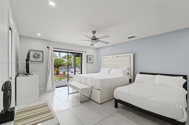 bedroom with ceiling fan, light tile patterned floors, and access to outside