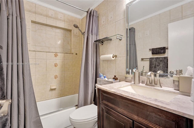 full bathroom featuring toilet, ornamental molding, vanity, shower / bath combo, and tile walls