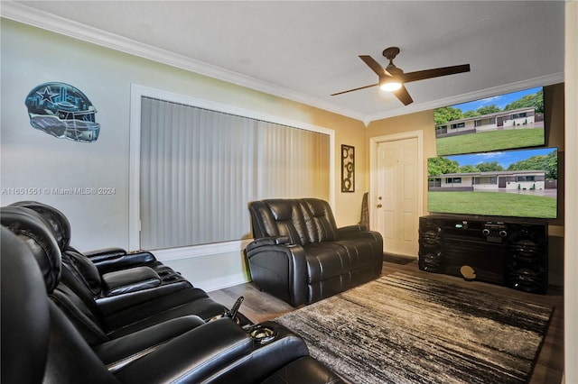 living room with crown molding, hardwood / wood-style flooring, and ceiling fan