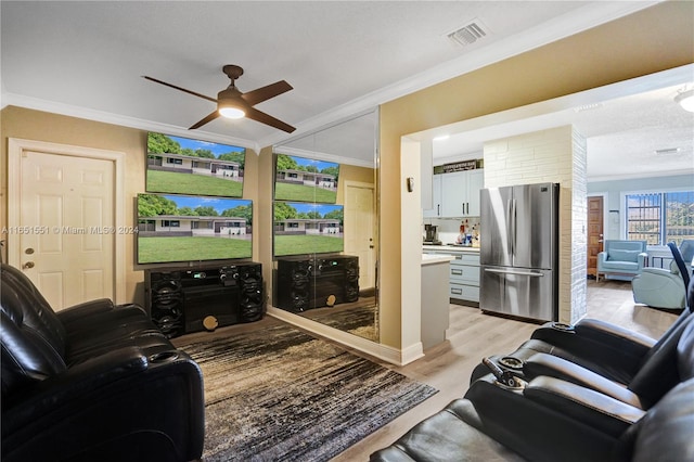 770 NW 175th Dr, Miami Gardens, FL 33169 - living room featuring light wood-type flooring, visible vents, ceiling fan, and crown molding