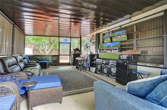 sunroom with wooden ceiling