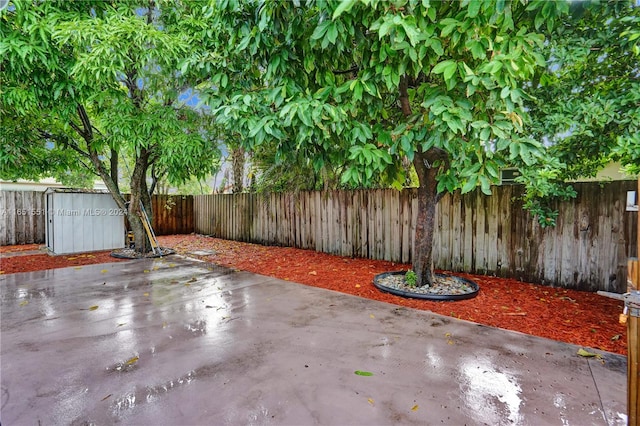 view of patio featuring a shed