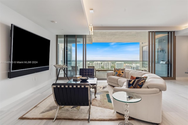 living room featuring baseboards, wood finished floors, and floor to ceiling windows