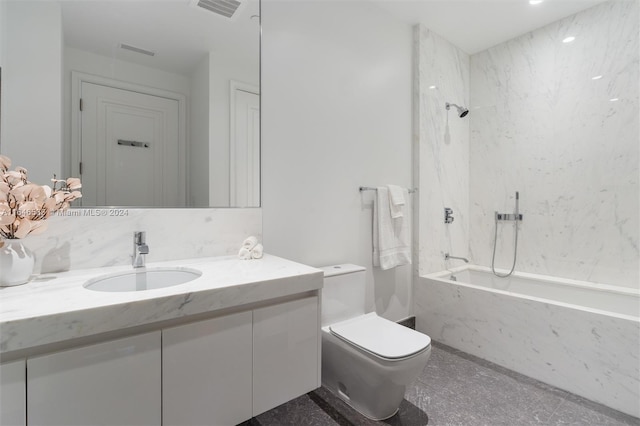 full bathroom with vanity, toilet, visible vents, and a combined bath / shower with marble appearance