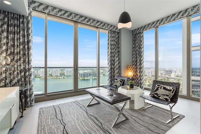 sitting room with a water view