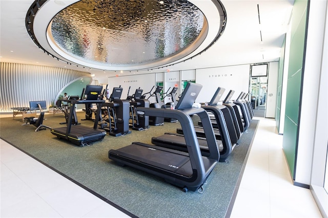 exercise room featuring a tray ceiling