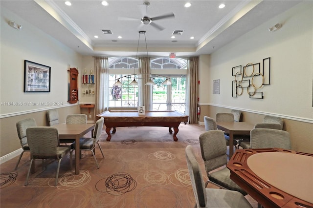 interior space featuring billiards, crown molding, ceiling fan, and a tray ceiling