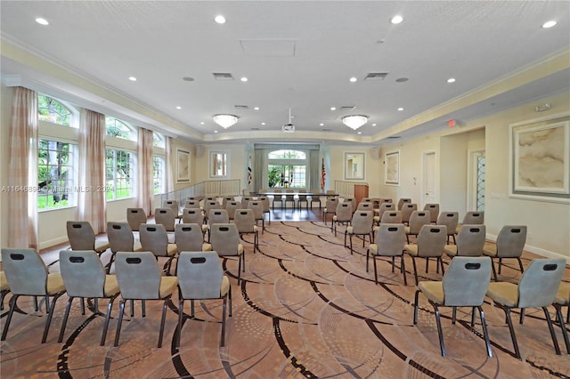 interior space with ornamental molding and light wood-type flooring