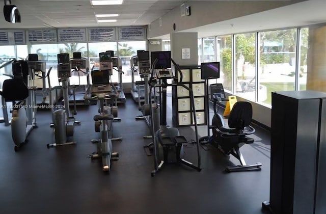 gym with a drop ceiling and a healthy amount of sunlight