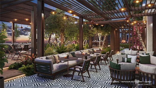 601 NE 1 St Ave Unit 3513, Florida City, FL 33132 - patio terrace at dusk featuring an outdoor living space and a pergola