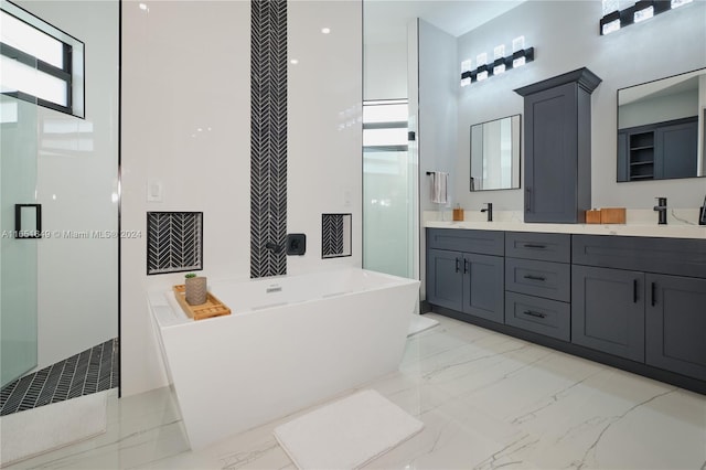 bathroom with a towering ceiling, shower with separate bathtub, and vanity