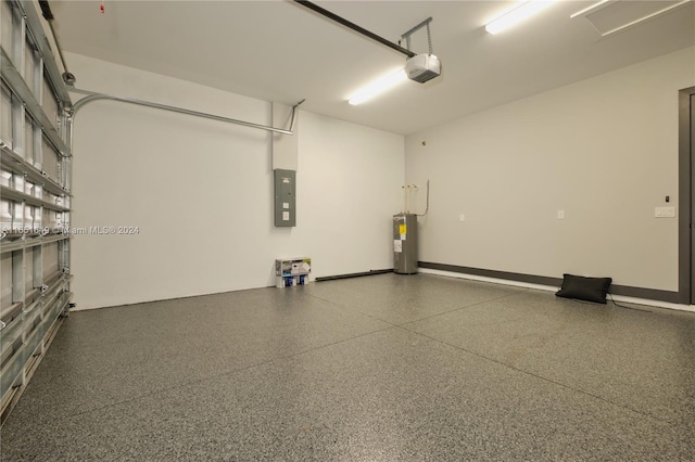 garage featuring a garage door opener, electric panel, and electric water heater