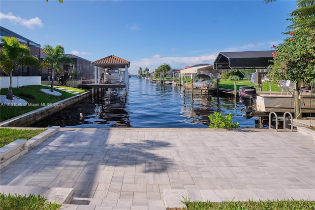 view of dock with a water view