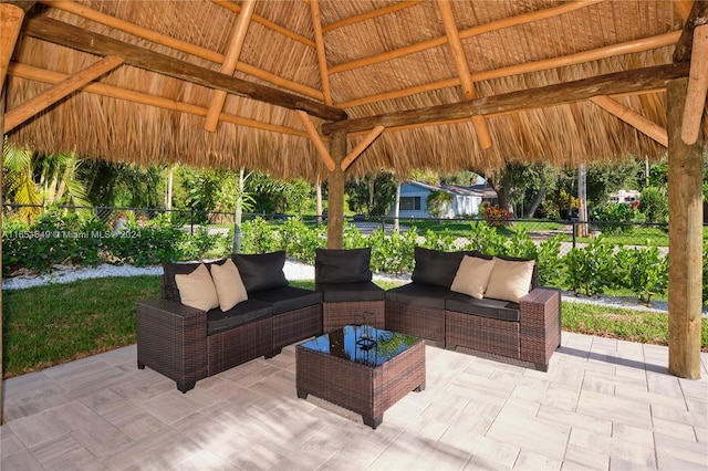 view of patio / terrace featuring outdoor lounge area and a gazebo