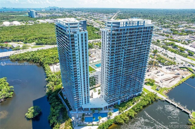 drone / aerial view featuring a water view