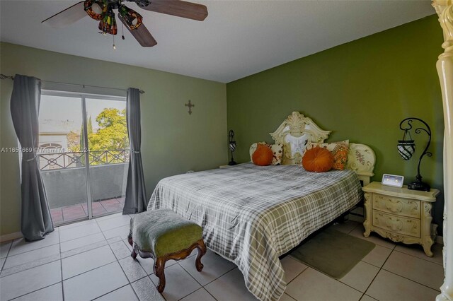 tiled bedroom featuring ceiling fan and access to exterior