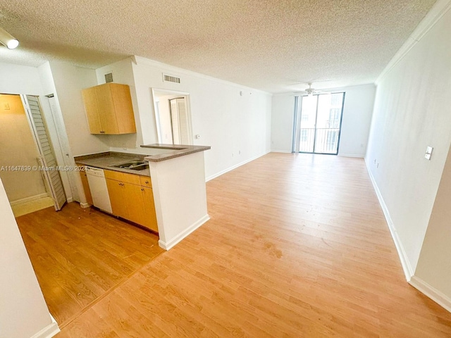 kitchen with white dishwasher, ceiling fan, light wood-type flooring, and a textured ceiling