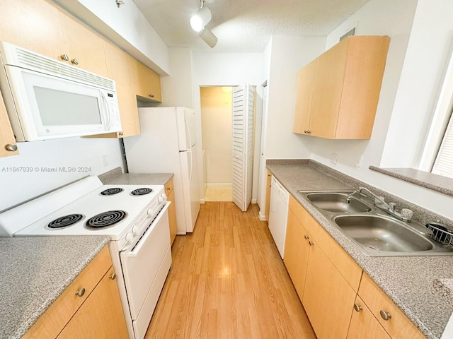 kitchen featuring sink, light brown cabinets, white appliances, and light hardwood / wood-style floors