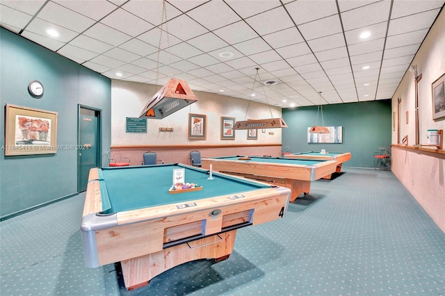 playroom featuring a paneled ceiling, pool table, and carpet floors