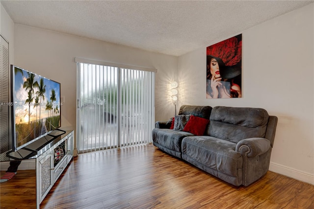 living room featuring a fireplace, a textured ceiling, and hardwood / wood-style floors