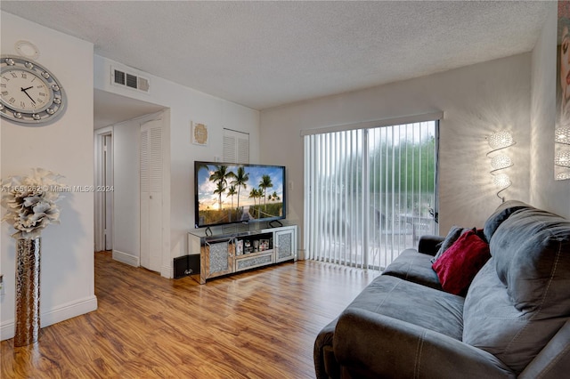 living room featuring a textured ceiling and hardwood / wood-style flooring