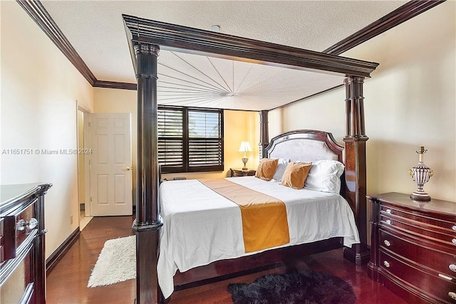 bedroom featuring wood-type flooring, a textured ceiling, and crown molding