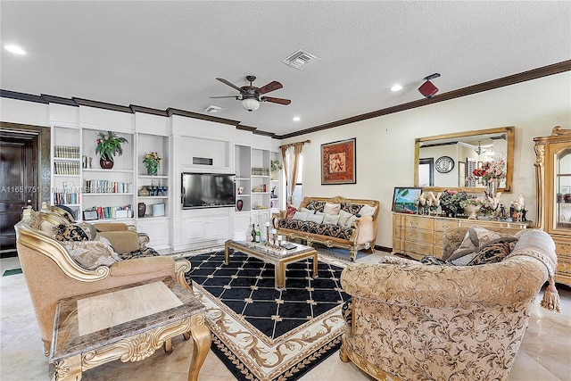 living room with ornamental molding, built in shelves, ceiling fan, and a textured ceiling