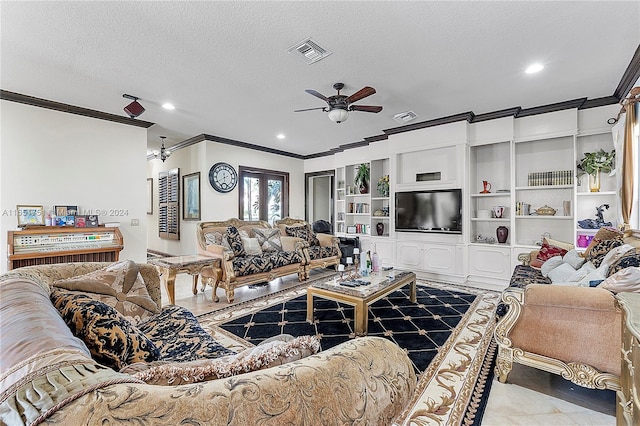 living room with ceiling fan, a textured ceiling, and crown molding