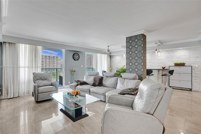 1880 S Ocean Dr Unit Ts106, Hallandale Beach, FL 33009 - living room featuring ceiling fan and ornamental molding