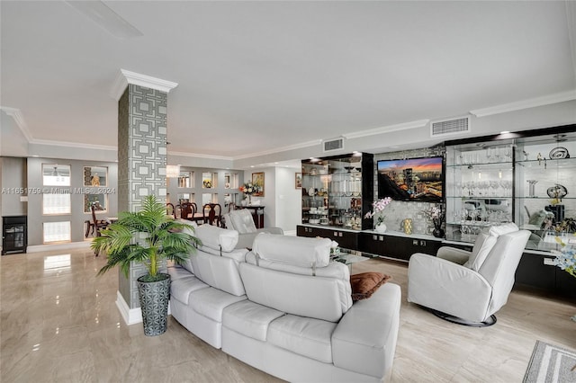 1880 S Ocean Dr Unit Ts106, Hallandale Beach, FL 33009 - living area featuring ornate columns, indoor bar, crown molding, and visible vents