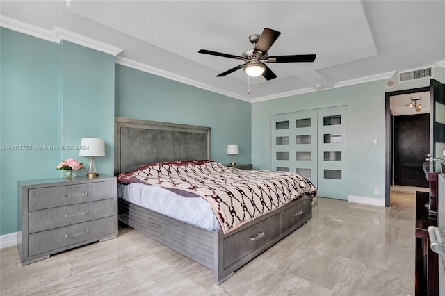 1880 S Ocean Dr Unit Ts106, Hallandale Beach, FL 33009 - bedroom with a ceiling fan, ornamental molding, baseboards, and visible vents