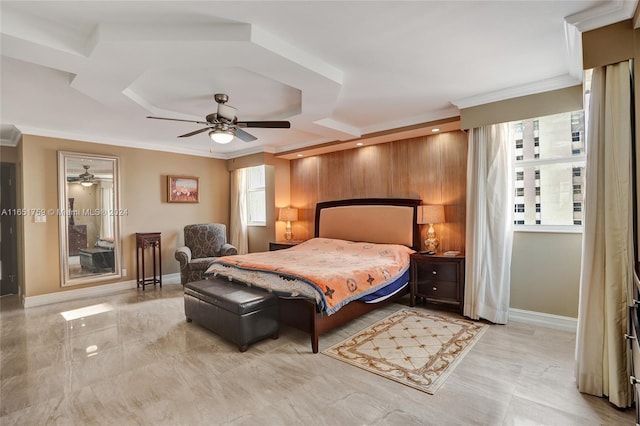 bedroom with crown molding, ceiling fan, wood walls, and coffered ceiling