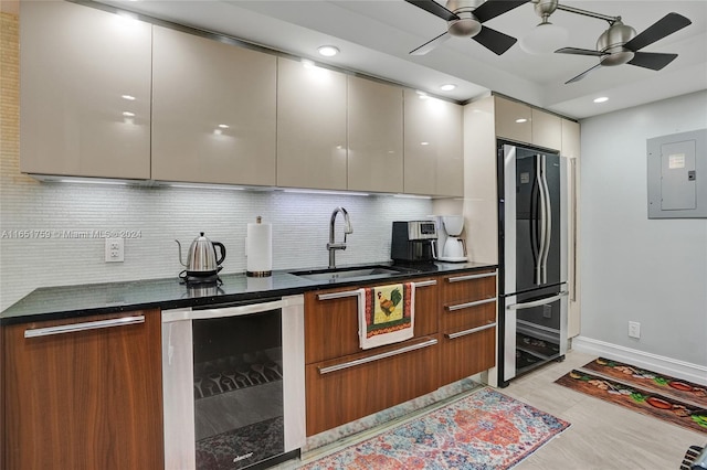 1880 S Ocean Dr Unit Ts106, Hallandale Beach, FL 33009 - kitchen featuring electric panel, a sink, freestanding refrigerator, modern cabinets, and beverage cooler