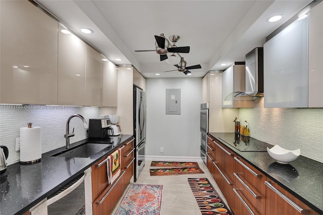 1880 S Ocean Dr Unit Ts106, Hallandale Beach, FL 33009 - kitchen featuring wall chimney range hood, a sink, modern cabinets, and stainless steel appliances