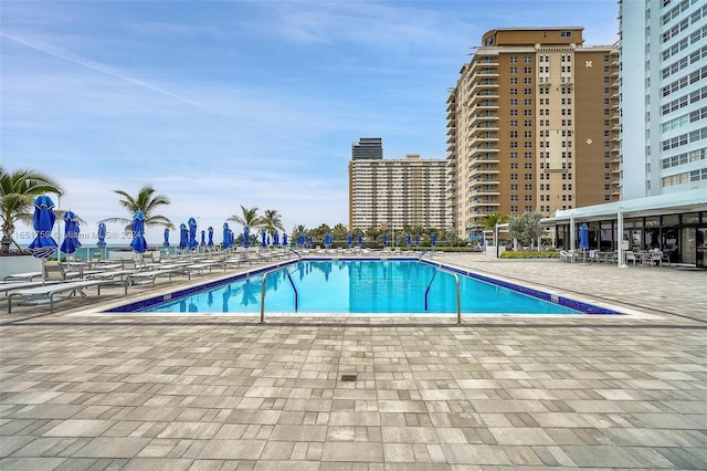 view of swimming pool featuring a patio