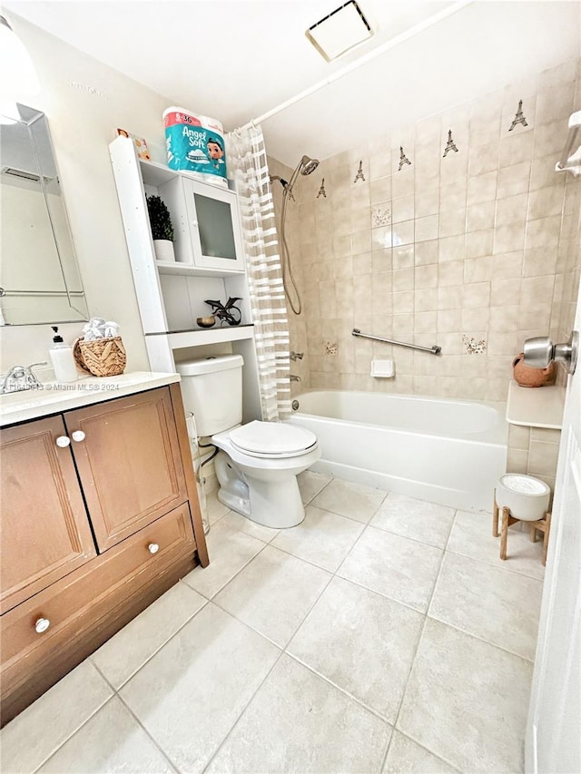 full bathroom with tile patterned flooring, shower / bath combination with curtain, toilet, and vanity