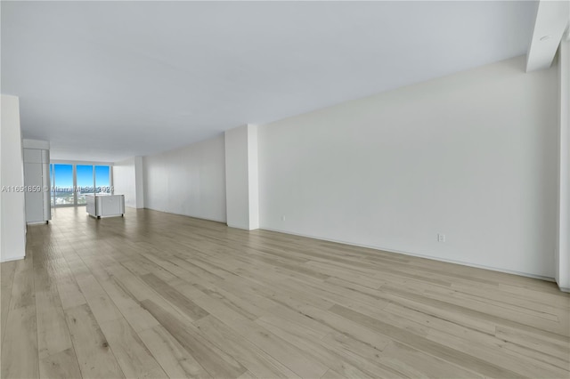 empty room with light hardwood / wood-style floors and a wall of windows