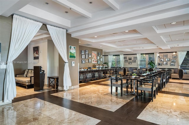dining area with baseboards, recessed lighting, marble finish floor, and beamed ceiling