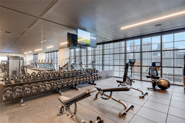 gym with floor to ceiling windows