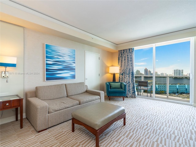 carpeted living room featuring ornamental molding