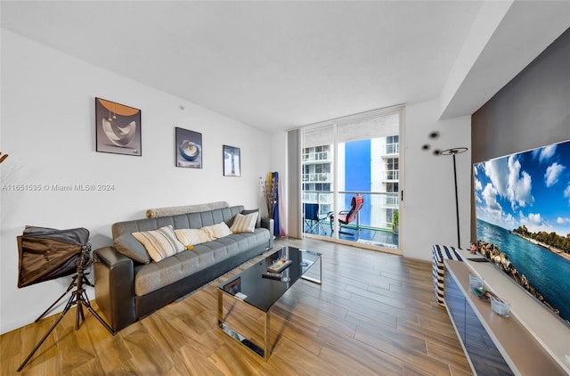 living room featuring expansive windows and hardwood / wood-style flooring