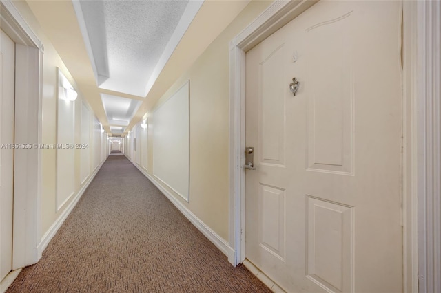 hall featuring carpet floors and a textured ceiling