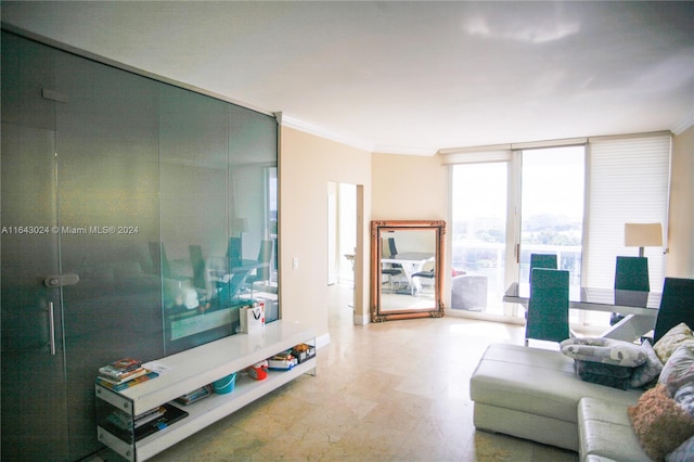 living room with a wall of windows and crown molding