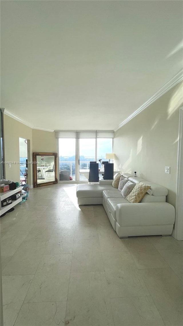 unfurnished living room featuring ornamental molding