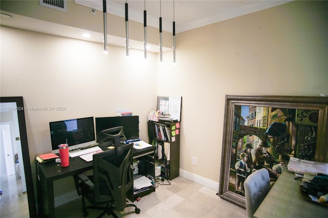 home office featuring crown molding