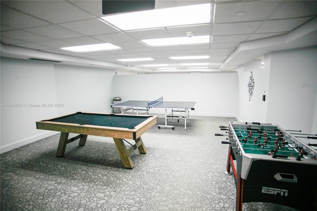 recreation room featuring carpet floors, a drop ceiling, and billiards