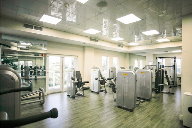 gym with a drop ceiling and dark wood-type flooring