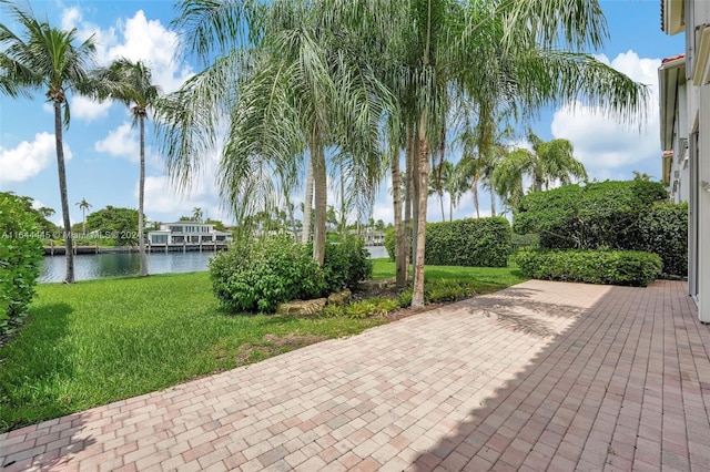 view of patio / terrace featuring a water view