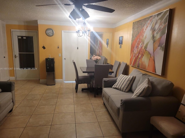 tiled living room featuring a textured ceiling, ceiling fan, and ornamental molding