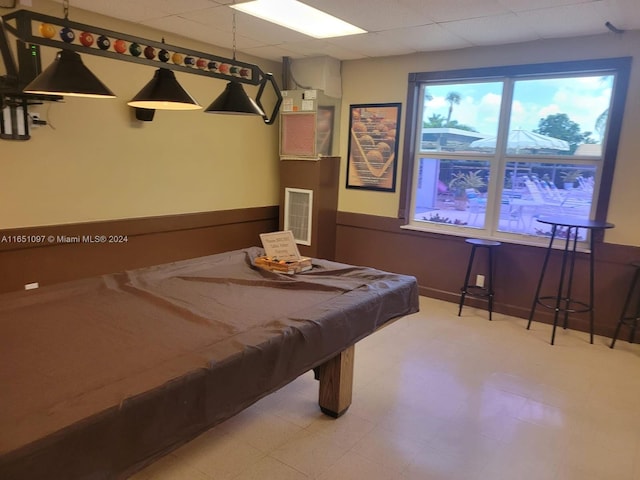 recreation room with pool table and a drop ceiling